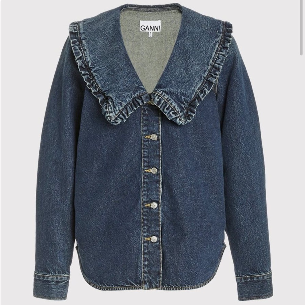 Ganni denim shirt with ruffle collar